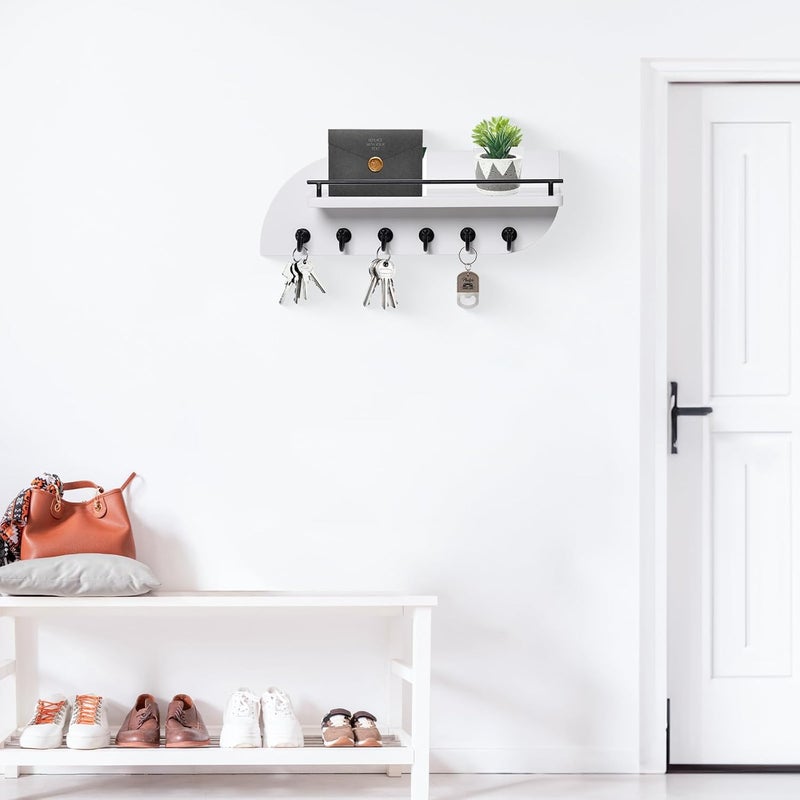 Karisky Key Holder for Wall, Decorative Key and Mail Organizer with 6 Sturdy Metal Hooks and Floating Shelf, 14 Inches Wood Wall Mounted Key Rack for Entryway, White and Black - Image 3